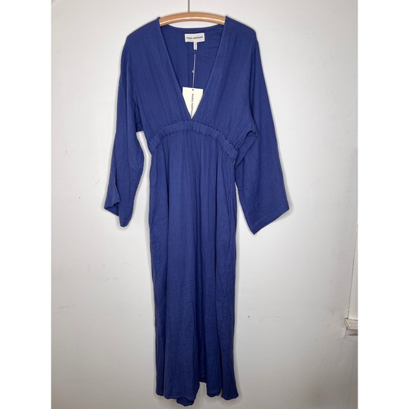 Mara Hoffman Boho Plunge Neck Blue Organic Cotton Voile Maxi Dress NWT Size M - Picture 2 of 10